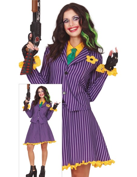 Costume Joker donna viola con giacca pinstripe, camicia verde e guanti neri per Halloween cosplay