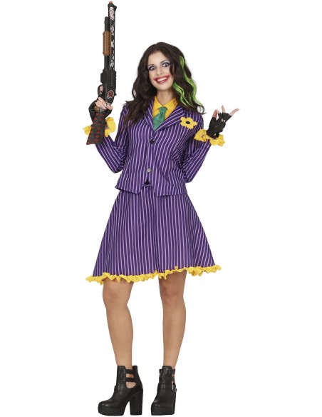 Costume Joker donna viola con giacca pinstripe, camicia verde e guanti neri per Halloween cosplay