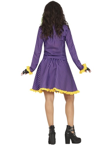 Costume Joker donna viola con giacca pinstripe, camicia verde e guanti neri per Halloween cosplay