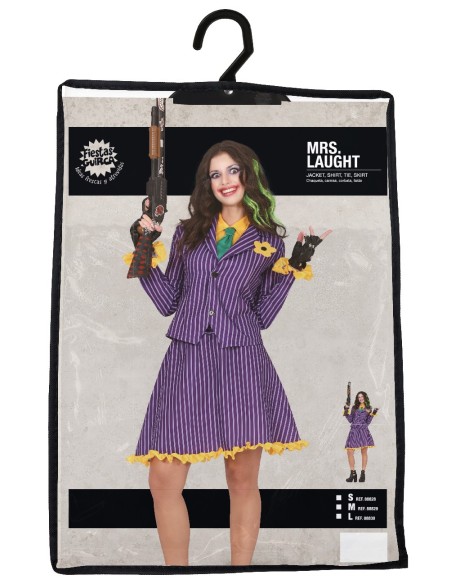 Costume Joker donna viola con giacca pinstripe, camicia verde e guanti neri per Halloween cosplay