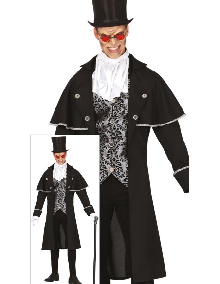 Costume vampiro uomo nero con mantello, gilè argento, camicia bianca e cilindro per Halloween