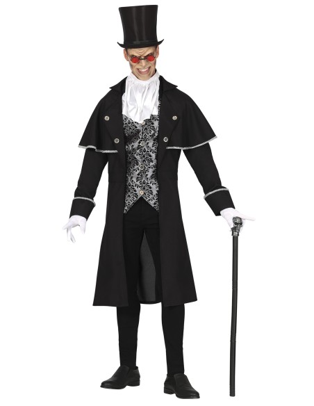 Costume vampiro uomo nero con mantello, gilè argento, camicia bianca e cilindro per Halloween