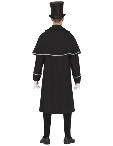 Costume vampiro uomo nero con mantello, gilè argento, camicia bianca e cilindro per Halloween