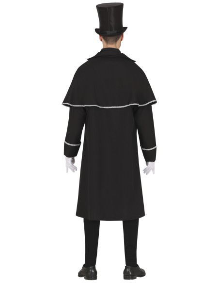 Costume vampiro uomo nero con mantello, gilè argento, camicia bianca e cilindro per Halloween