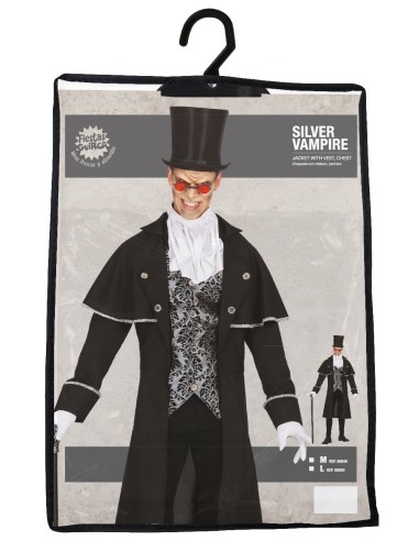 Costume vampiro uomo nero con mantello, gilè argento, camicia bianca e cilindro per Halloween