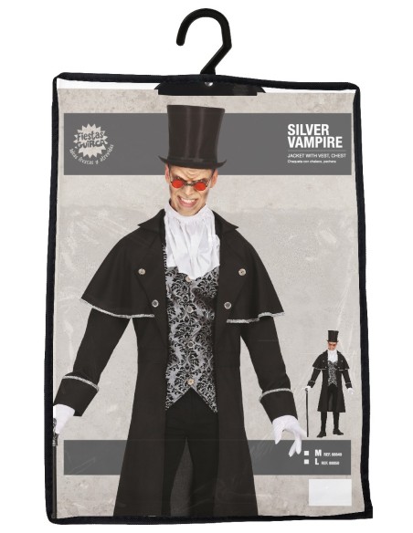Costume vampiro uomo nero con mantello, gilè argento, camicia bianca e cilindro per Halloween