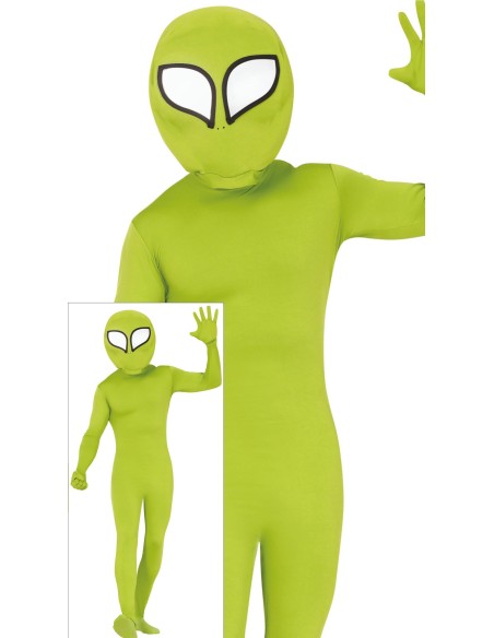 Costume alieno verde con tuta aderente e maschera occhi neri per Halloween fantascienza