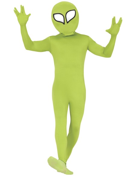 Costume alieno verde con tuta aderente e maschera occhi neri per Halloween fantascienza