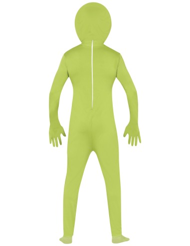 Costume alieno verde con tuta aderente e maschera occhi neri per Halloween fantascienza
