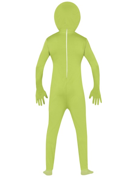 Costume alieno verde con tuta aderente e maschera occhi neri per Halloween fantascienza
