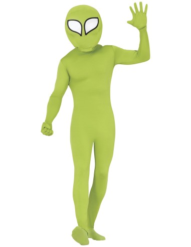 Costume alieno verde con tuta aderente e maschera occhi neri per Halloween fantascienza