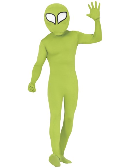 Costume alieno verde con tuta aderente e maschera occhi neri per Halloween fantascienza