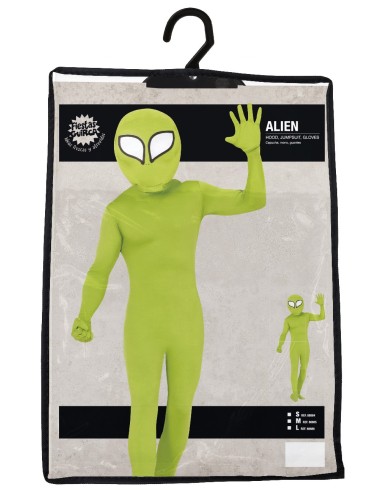 Costume alieno verde con tuta aderente e maschera occhi neri per Halloween fantascienza