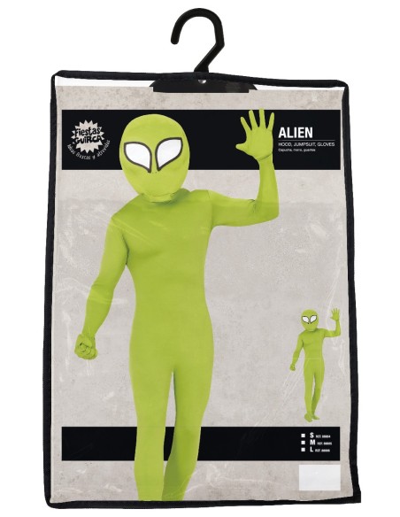 Costume alieno verde con tuta aderente e maschera occhi neri per Halloween fantascienza