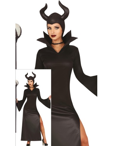 Costume strega cattiva nero con mantello, corna e bastone per Halloween donna