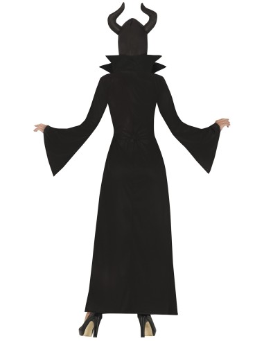 Costume strega cattiva nero con mantello, corna e bastone per Halloween donna