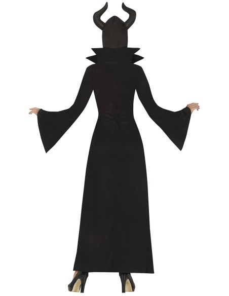 Costume strega cattiva nero con mantello, corna e bastone per Halloween donna
