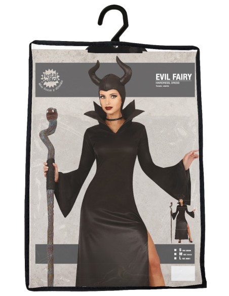 Costume strega cattiva nero con mantello, corna e bastone per Halloween donna