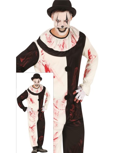 Costume da clown terrificante bianco e nero con macchie di sangue per Halloween horror uomo