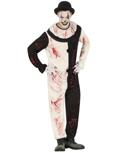 Costume da clown terrificante bianco e nero con macchie di sangue per Halloween horror uomo
