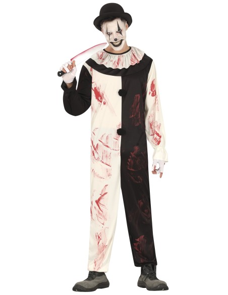 Costume da clown terrificante bianco e nero con macchie di sangue per Halloween horror uomo