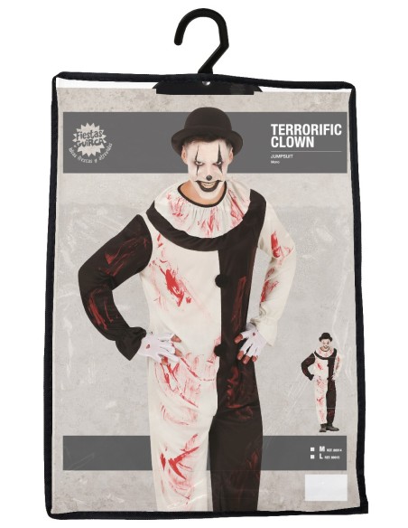 Costume da clown terrificante bianco e nero con macchie di sangue per Halloween horror uomo