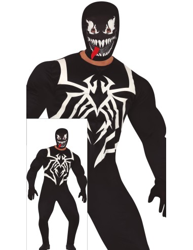 Costume Venom nero con spider logo bianco e maschera dentata per Halloween adulto uomo