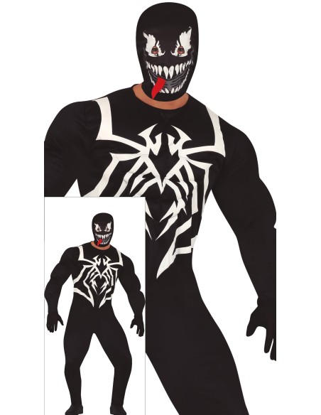 Costume Venom nero con spider logo bianco e maschera dentata per Halloween adulto uomo