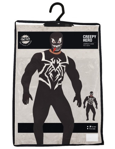 Costume Venom nero con spider logo bianco e maschera dentata per Halloween adulto uomo