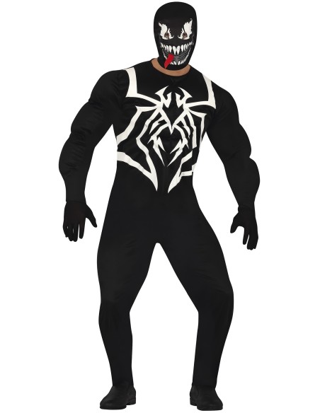 Costume Venom nero con simbolo ragno bianco e maschera con denti per adulto Halloween