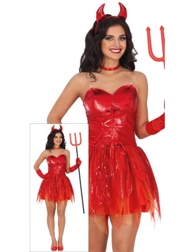 Costume diavoletta rosso sexy con corpetto lucido, gonna corta e cornetti per Halloween donna