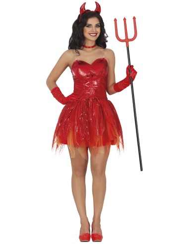 Costume diavoletta rosso sexy con corpetto lucido, gonna corta e cornetti per Halloween donna