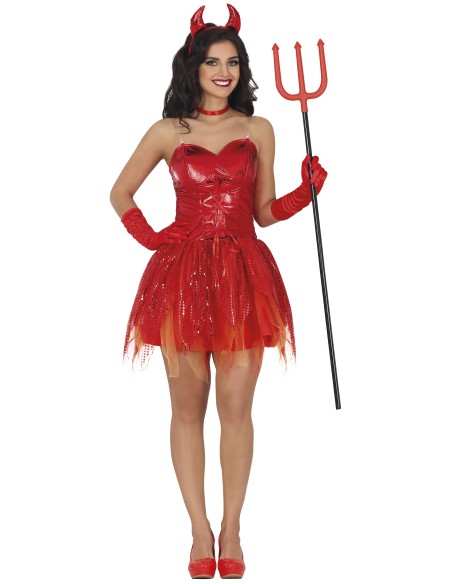Costume diavoletta rosso sexy con corpetto lucido, gonna corta e cornetti per Halloween donna