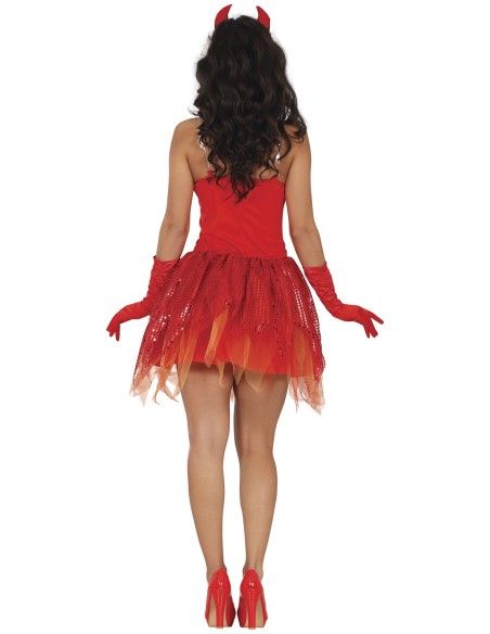 Costume diavoletta rosso sexy con corpetto lucido, gonna corta e cornetti per Halloween donna