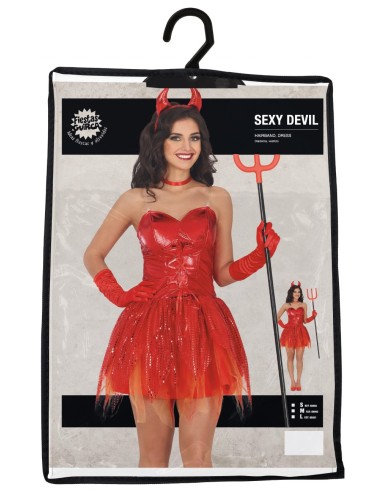 Costume diavoletta rosso sexy con corpetto lucido, gonna corta e cornetti per Halloween donna
