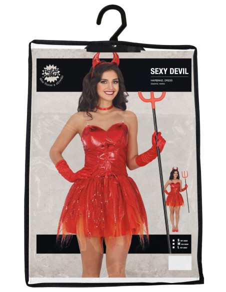 Costume diavoletta rosso sexy con corpetto lucido, gonna corta e cornetti per Halloween donna