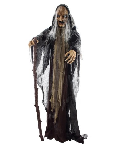 Strega animata 160cm con tunica nera lacera, capelli grigi, bastone e maschera spaventosa per decorazioni Halloween