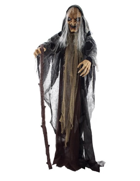 Strega animata 160cm con tunica nera lacera, capelli grigi, bastone e maschera spaventosa per decorazioni Halloween