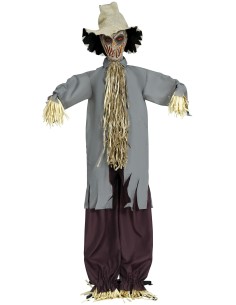 Spaventapasseri animato 180cm con cappello, camicia grigia e paglia per decorazioni Halloween horror