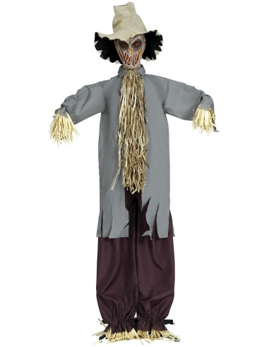 Spaventapasseri animato 180cm con cappello, camicia grigia e paglia per decorazioni Halloween horror