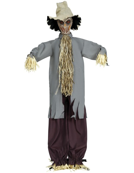 Spaventapasseri animato 180cm con cappello, camicia grigia e paglia per decorazioni Halloween horror