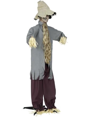 Spaventapasseri animato 180cm con cappello, camicia grigia e paglia per decorazioni Halloween horror