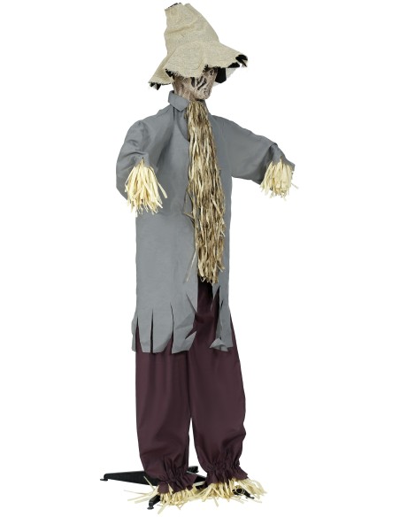 Spaventapasseri animato 180cm con cappello, camicia grigia e paglia per decorazioni Halloween horror