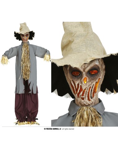 Spaventapasseri animato 180cm con cappello, camicia grigia e paglia per decorazioni Halloween horror
