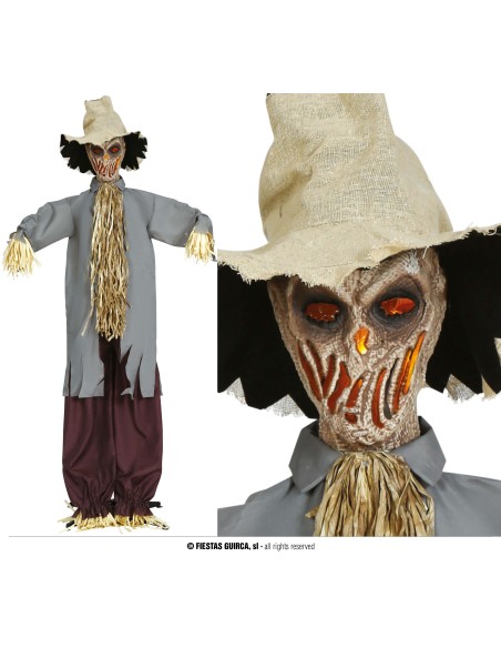 Spaventapasseri animato 180cm con cappello, camicia grigia e paglia per decorazioni Halloween horror