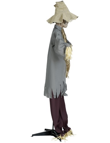 Spaventapasseri animato 180cm con cappello, camicia grigia e paglia per decorazioni Halloween horror