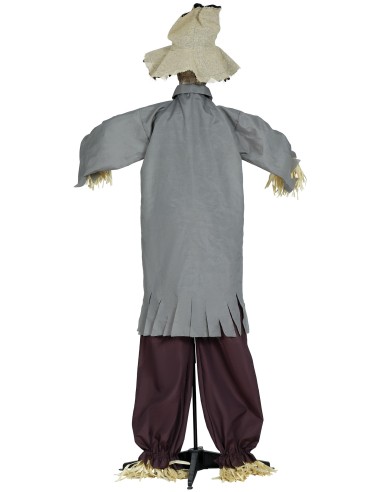 Spaventapasseri animato 180cm con cappello, camicia grigia e paglia per decorazioni Halloween horror