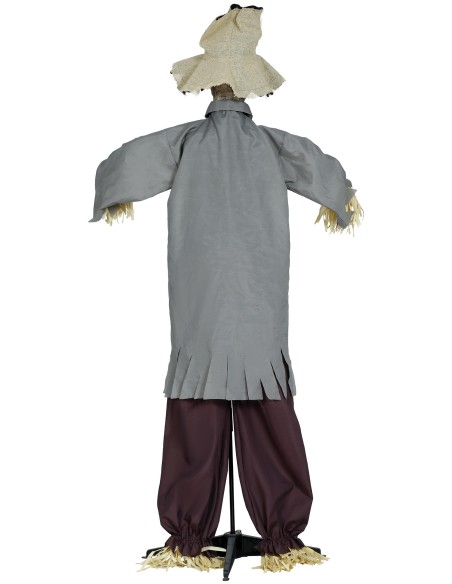 Spaventapasseri animato 180cm con cappello, camicia grigia e paglia per decorazioni Halloween horror