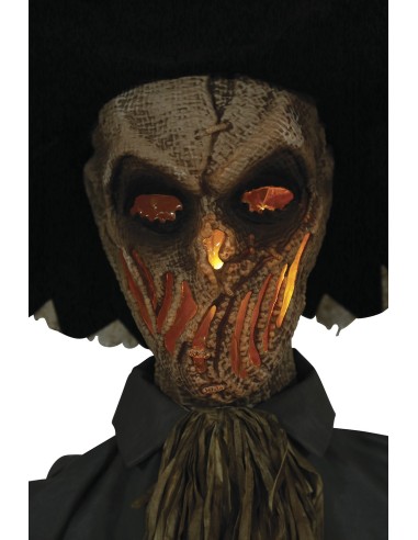 Spaventapasseri animato 180cm con cappello, camicia grigia e paglia per decorazioni Halloween horror