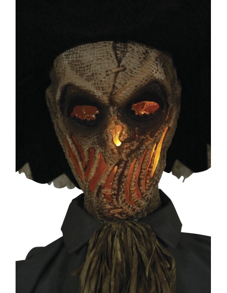 Spaventapasseri animato 180cm con cappello, camicia grigia e paglia per decorazioni Halloween horror